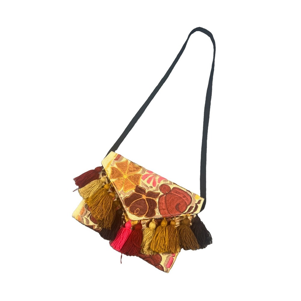 VTG Handmade Bag Floral Embroidered Crossbody Purse Tassel Boho Artisan Hippie